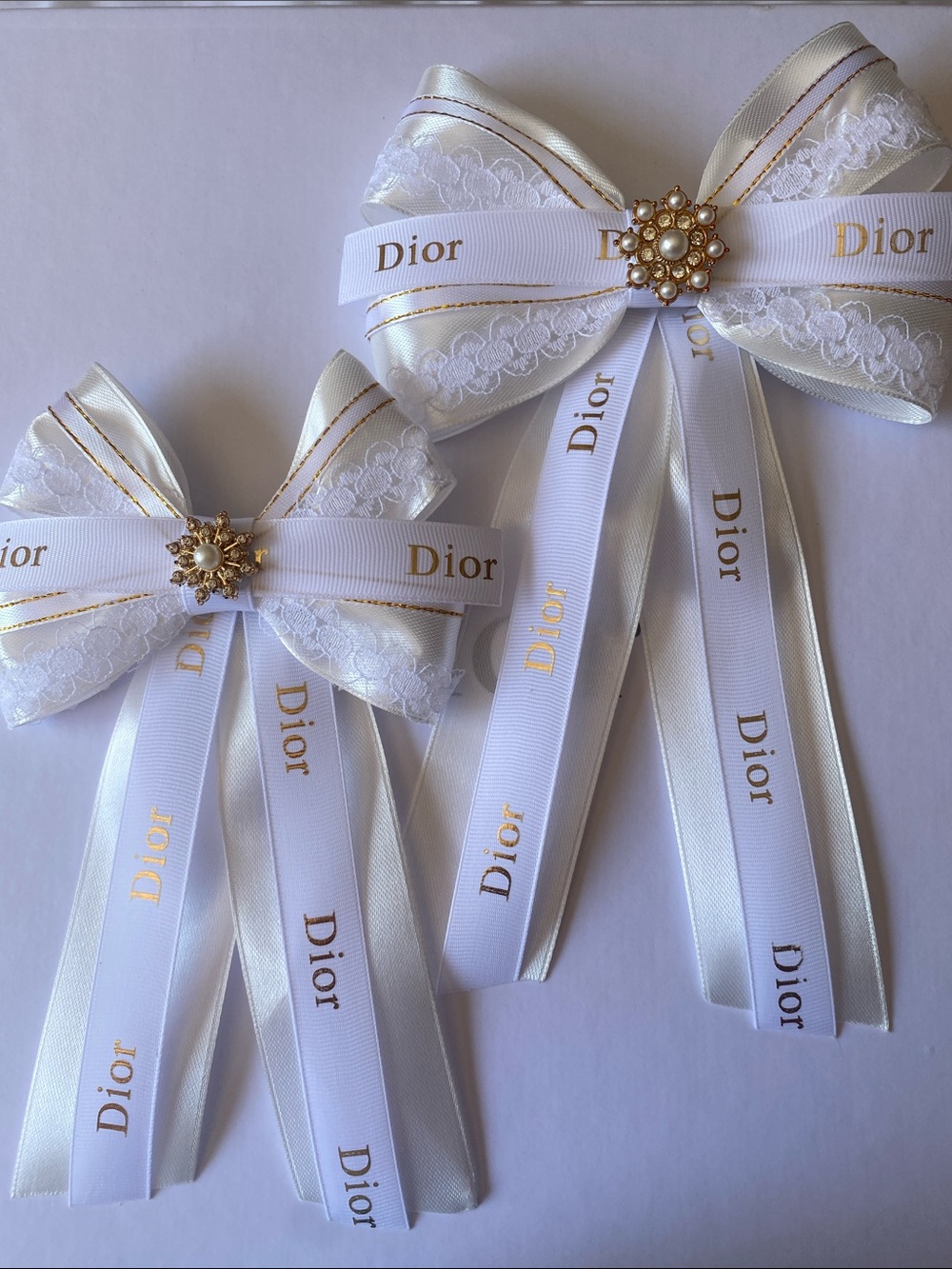 Dior Mommy & Daughter White Ribbon Bow Hair Clips with Gold Accents